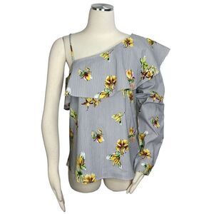 UO Lumiere One Shoulder Floral And Blue Stripe Blouse Size L New